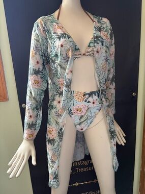SHEIN Mint Floral & Pineapple Sheer Swim Coverup +  Matching Bikini Bottoms